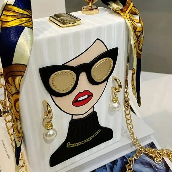 Fashion Lady Face Trendy Box Handbag for Women w/Pearl Earrings, Scarf Handle - Picture 5 of 16
